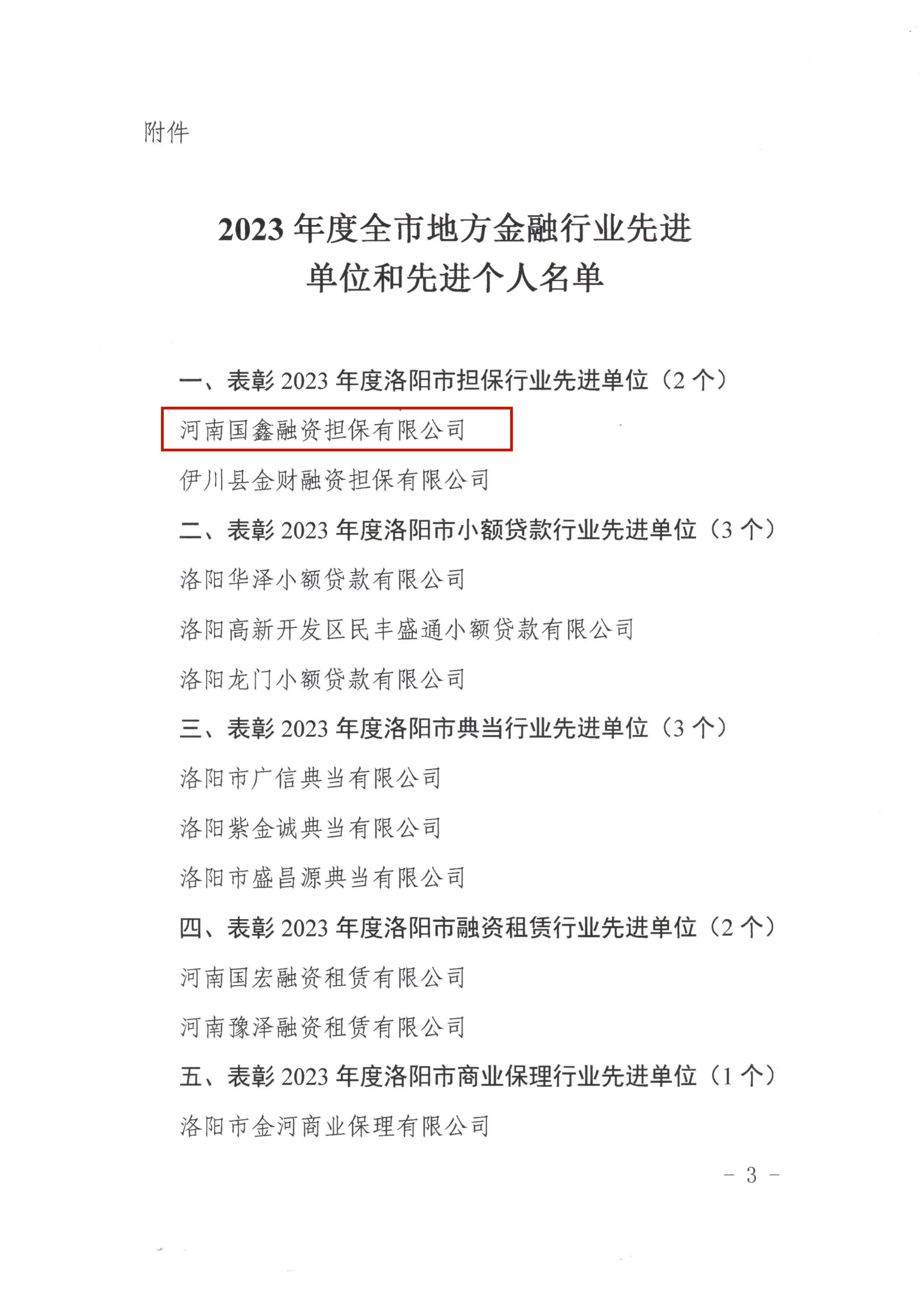 國鑫擔(dān)保+喜報，國鑫擔(dān)保榮獲2023年度洛陽市地方金融行業(yè)多項獎項（3）